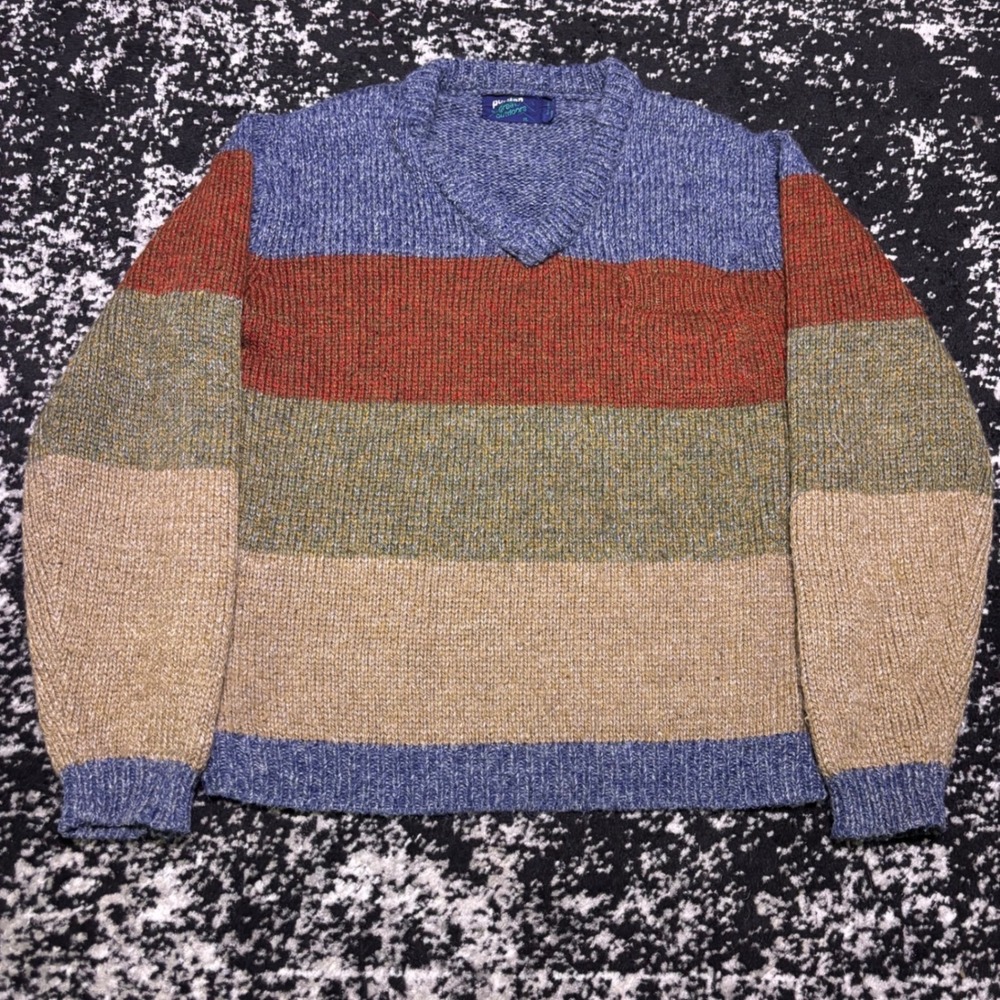 Vintage 80s Puritan The Great Outdoors Striped V-Neck Sweater Mens XL Blue